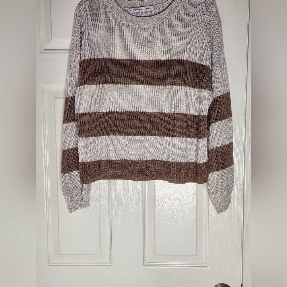 Cupcakes & Cashmere XL Striped BeigeBrown Croped Lngslv WOOL Blend Women Sweater